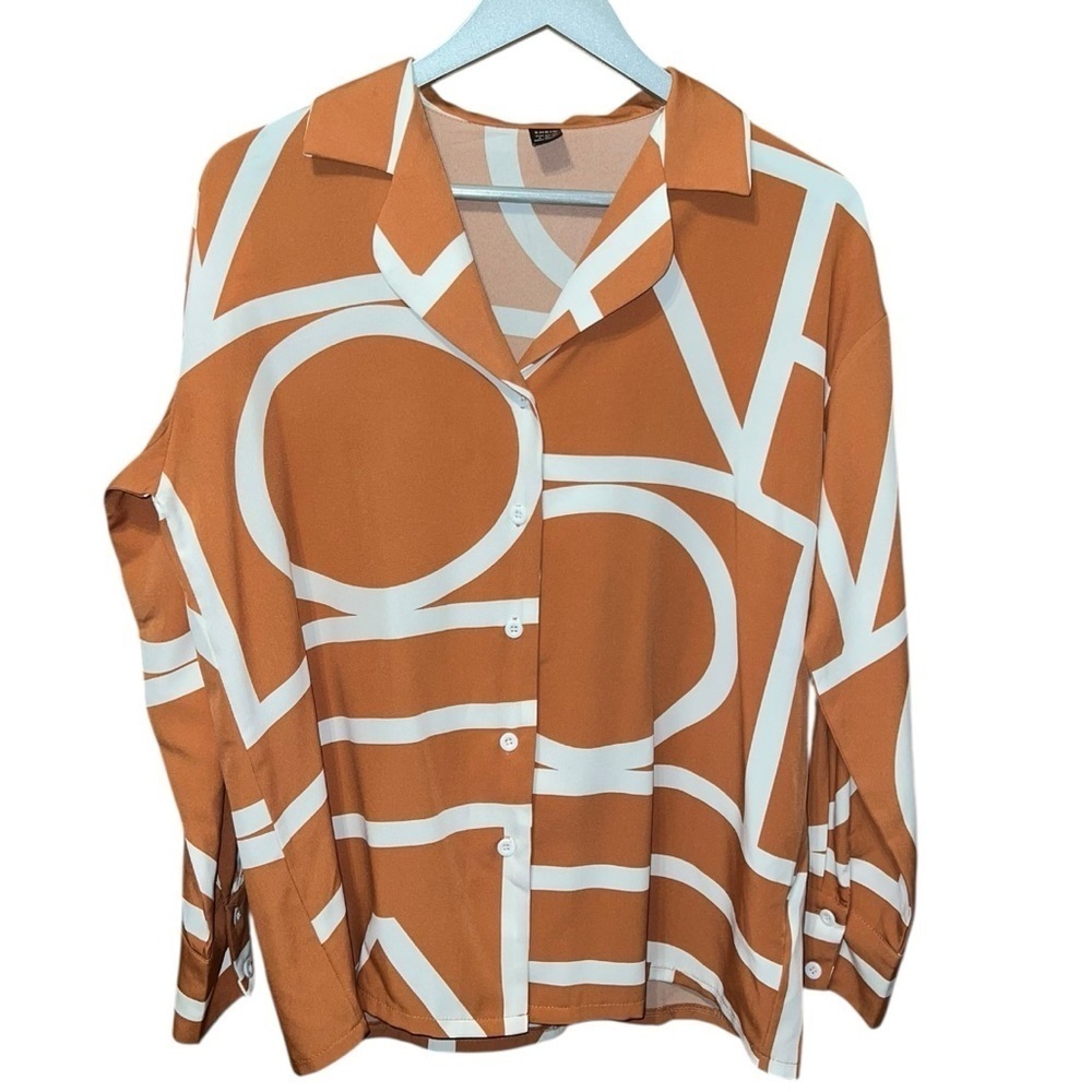 SHEIN Geometric Print Button Down Blouse Orange White Small - Picture 2 of 5